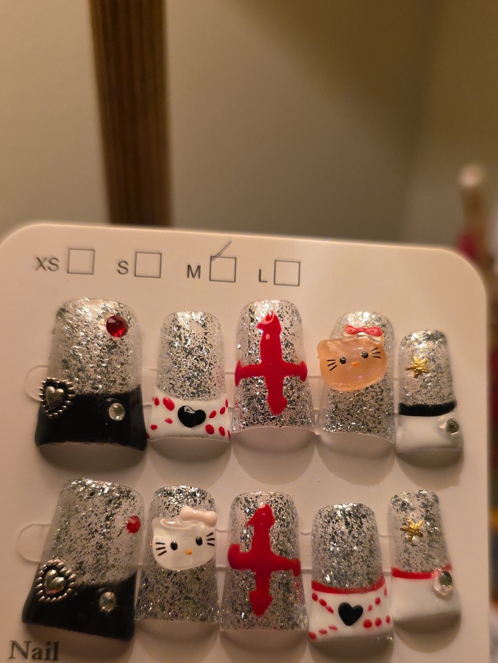 Silver Glitter Press-On Nails for - Cute Red & Black Accents Size Large